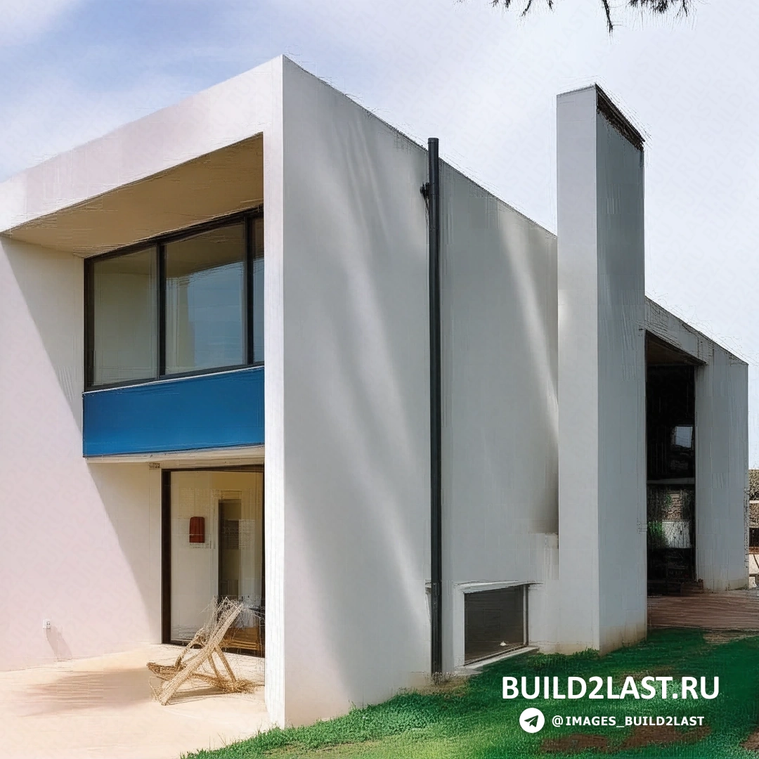 Белая вилла с панорамными окнами и балконом, вид на морской пейзаж и закат