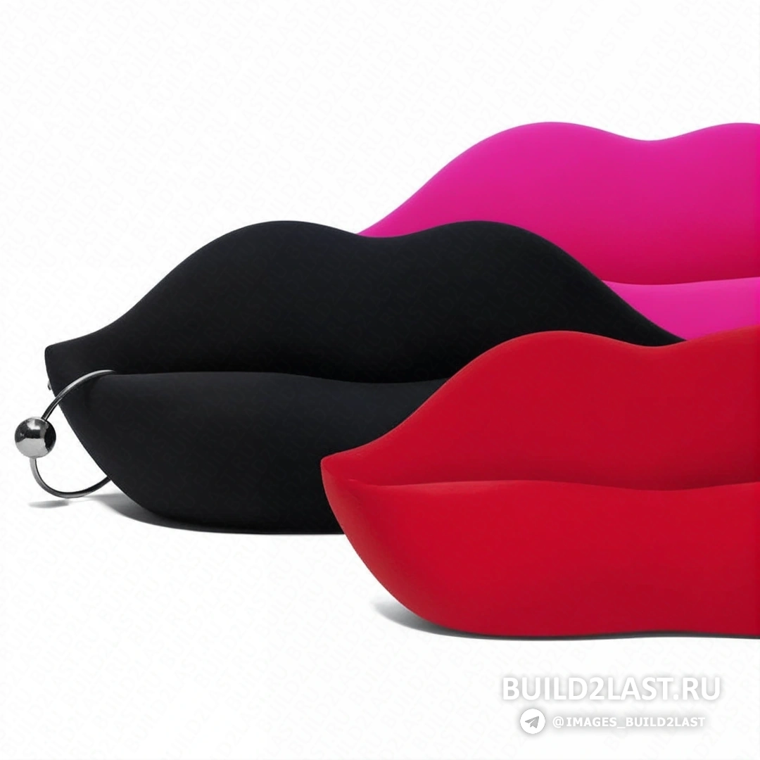 Диван Bocca в форме губ, выполненный в красном и черном цветах, сочетает элементы сюрреализма и поп-арта, произведен в Италии.