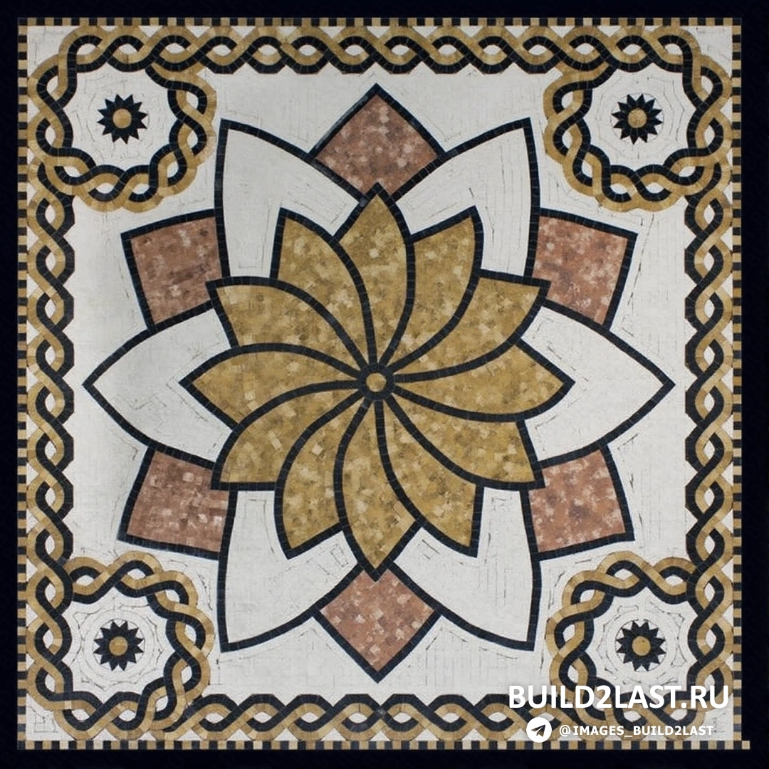 Элементы декоративной мозаики, выполненные из разных видов природного камня, в процессе укладки