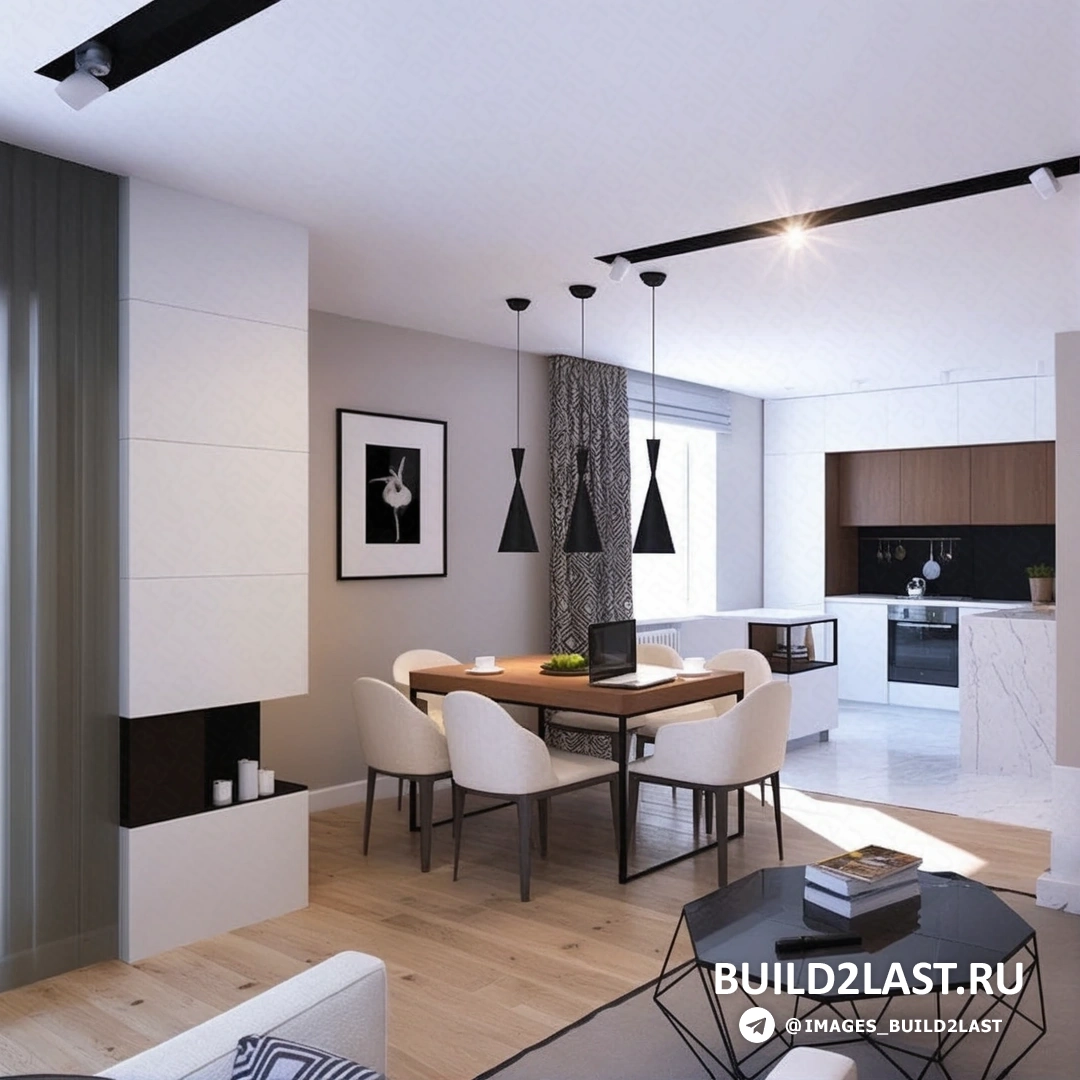 Гостиная с акцентами морского волны и металлическим декором, современное освещение и стиль хай-тек.