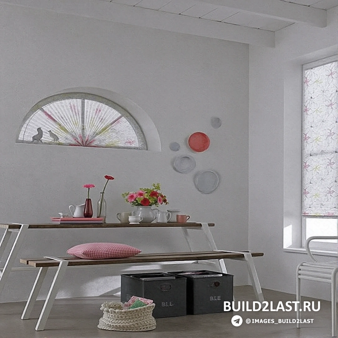 Гостиная с французским окном, торшерами, камином, стульями и шторами плиссе в бело-коричневых тонах