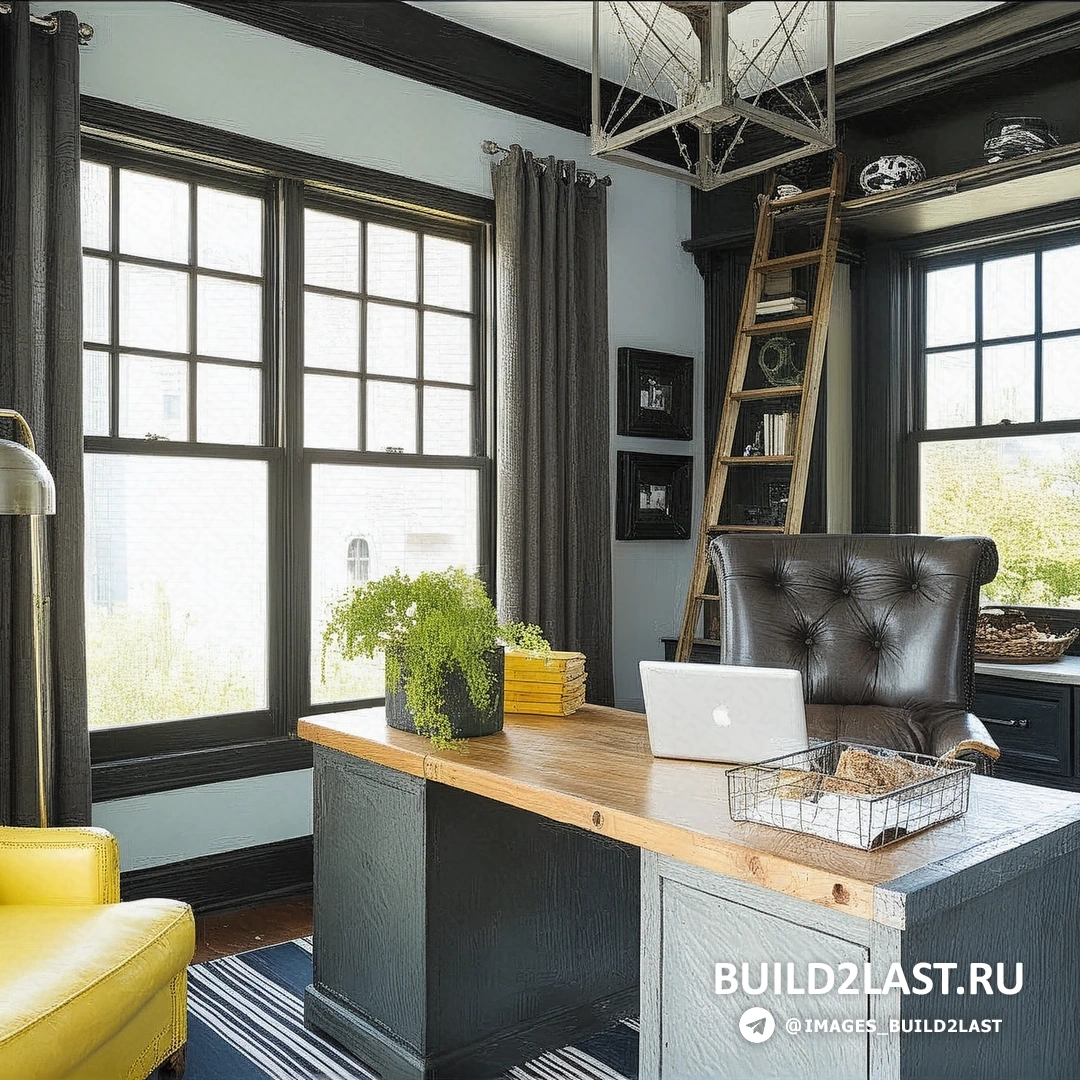 Интерьер кабинета с коричневыми тонами, торшерами и мебелью в желтых оттенках, стол и стулья возле окна с портьерами