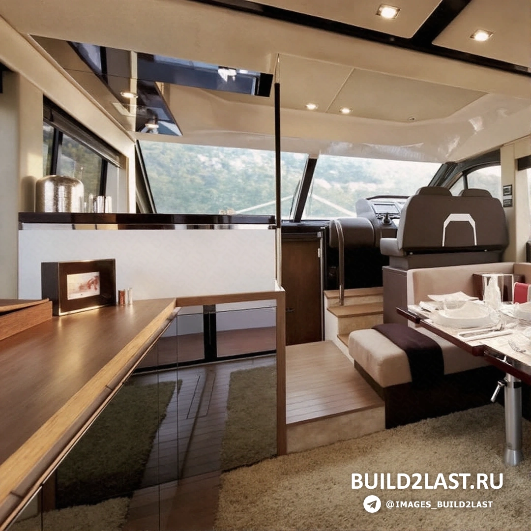 Коричневые и бежевые тона, ковер и диван в интерьере яхты