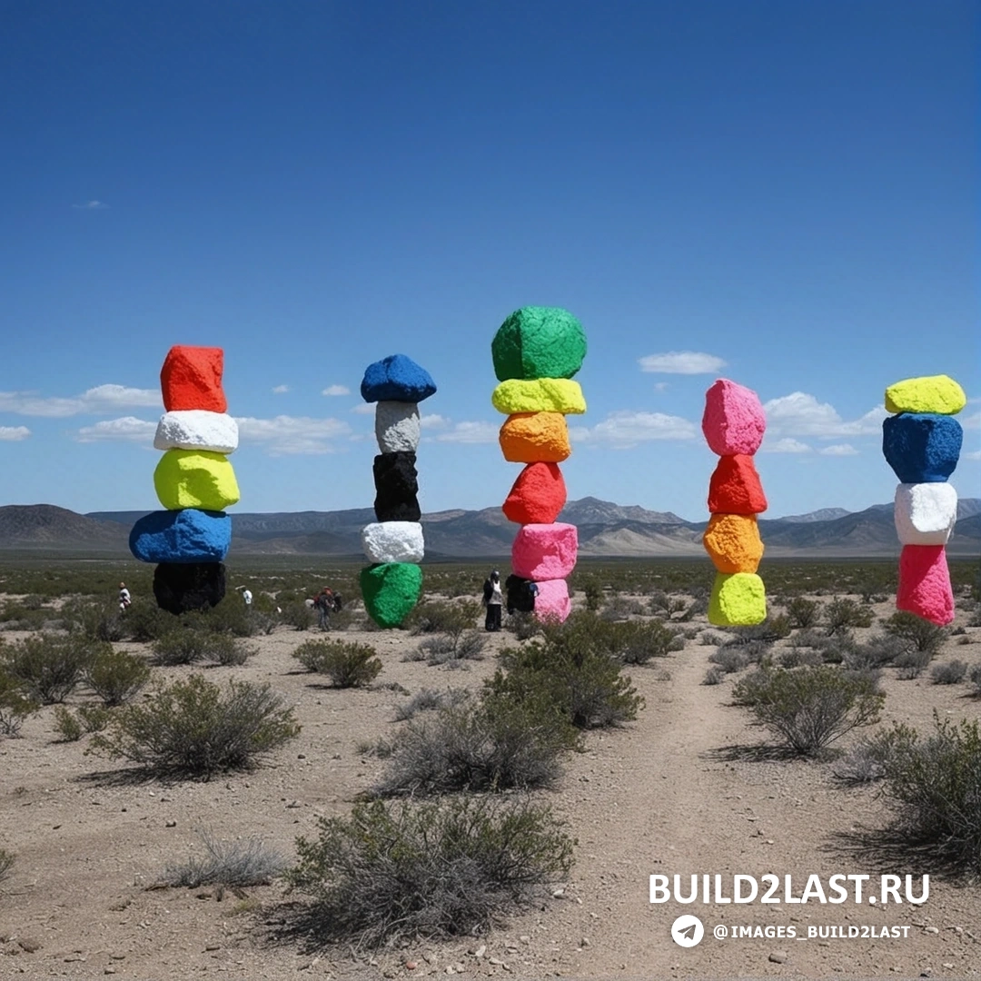 Красочные камни, составляющие инсталляцию в пустыне, в авангардном стиле, с элементами дикого и искусственного камня.