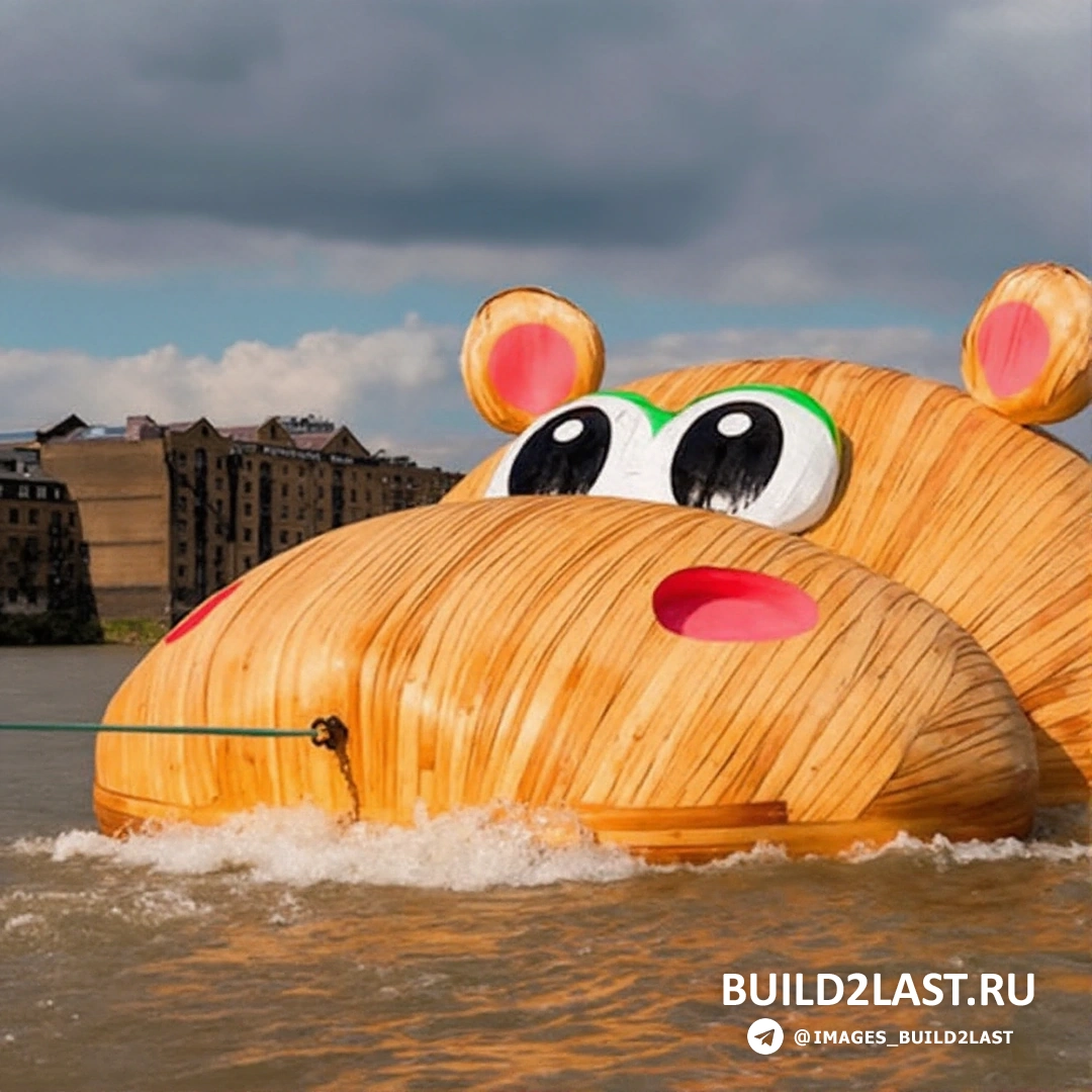 Огромная скульптура гиппопотама на Темзе в Лондоне, выполненная в бежевых и желтых тонах