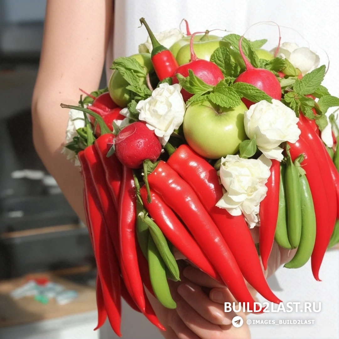 Оранжевый, красный и зеленый букет, выполненный вручную из овощей и фруктов.