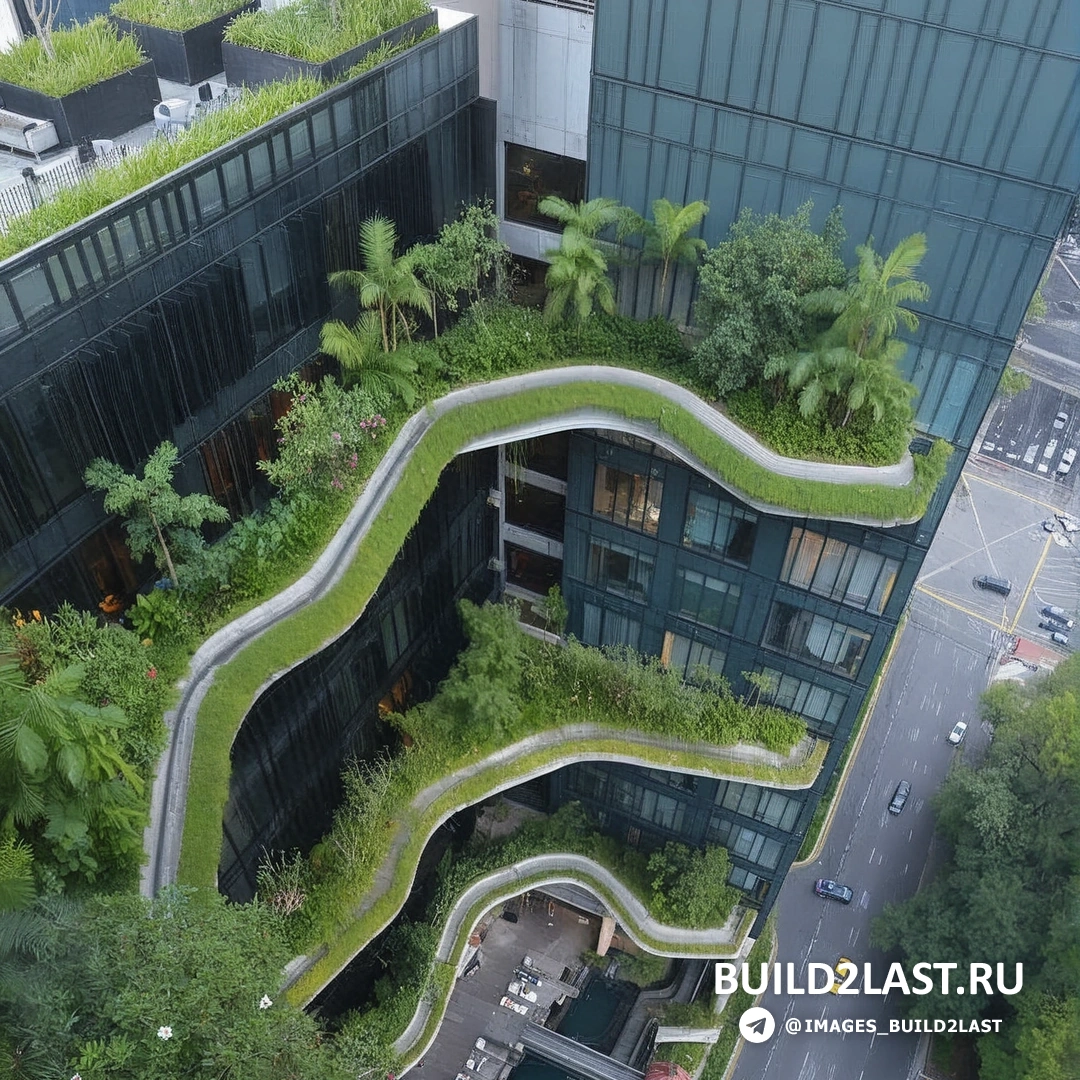 Серая и зелёная фасадная часть отеля с вертикальным озеленением и стеклянными элементами.