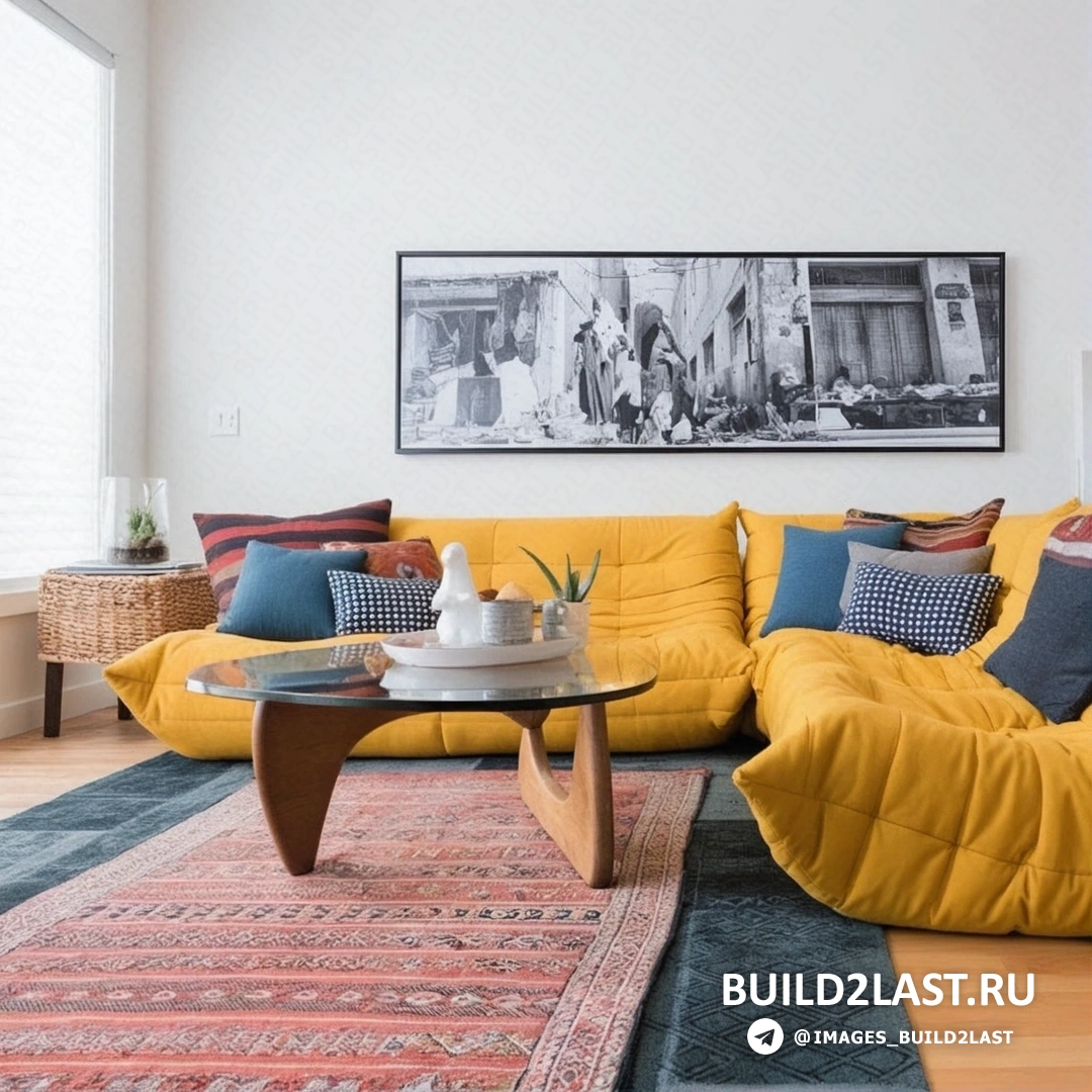 Современная гостиная с французским окном, декоративными подушками и лестницей. Этнический стиль в интерьере.