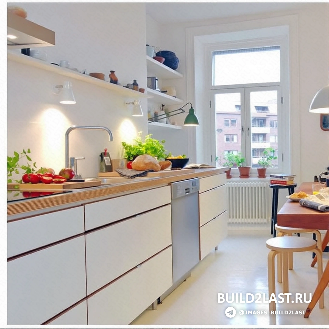 Современная кухня в скандинавском стиле с белыми стенами и деревянными элементами