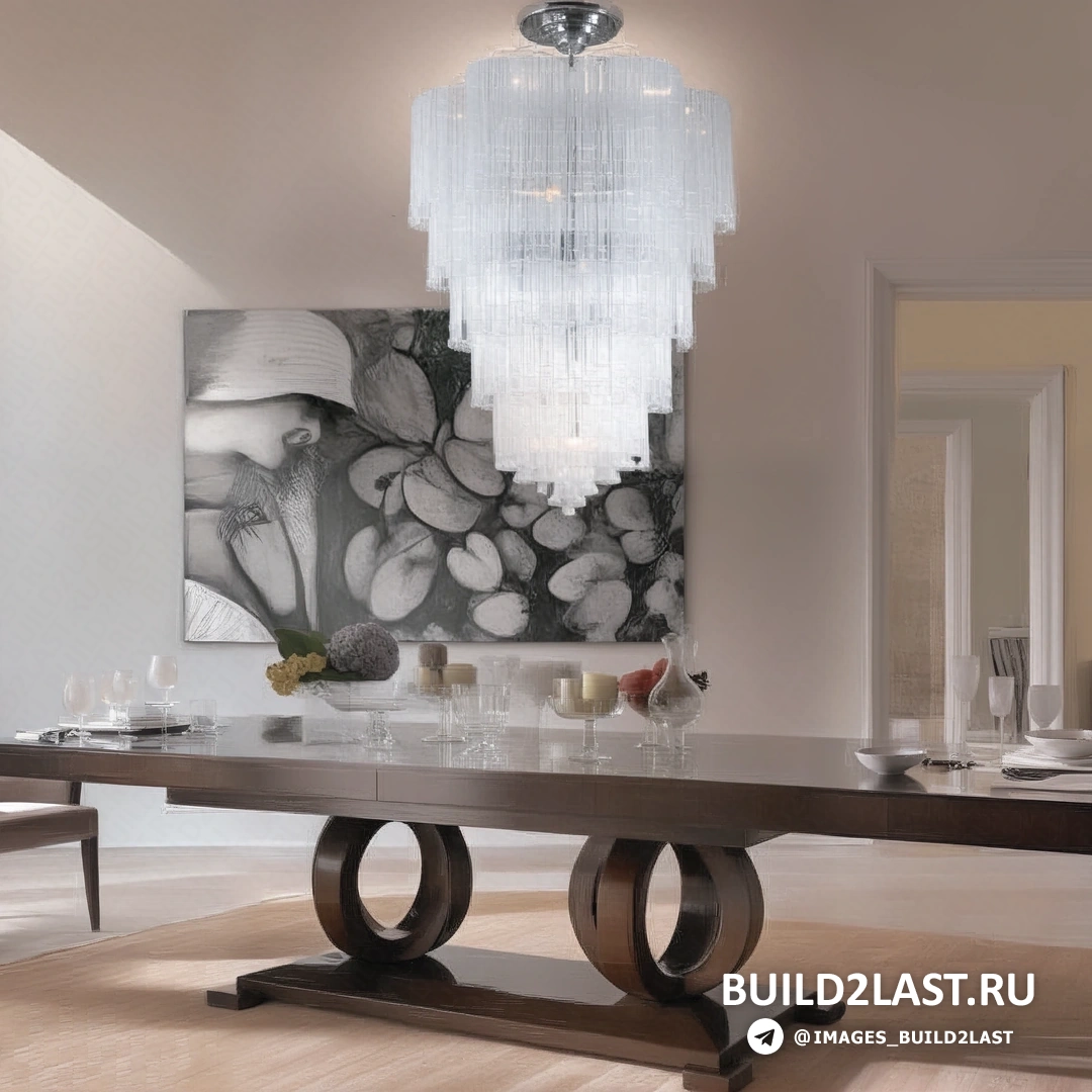 Современный интерьер с дизайнерской мебелью, включая стулья, стол, люстры и картины в бежевых и серых тонах, с французским окном и элементами контемпорари.