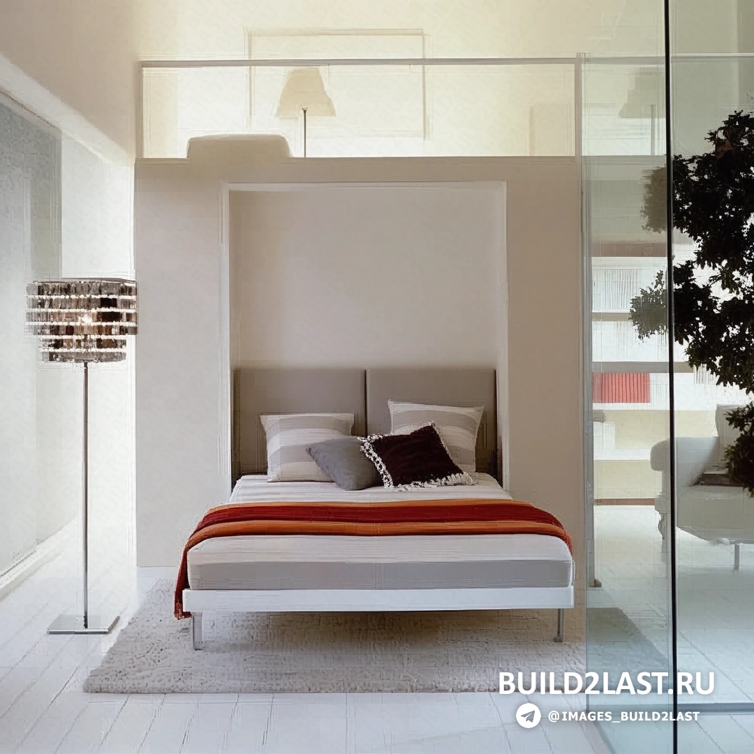 Спальня с пастельными тонами, портьерами и французским окном рядом с кроватью