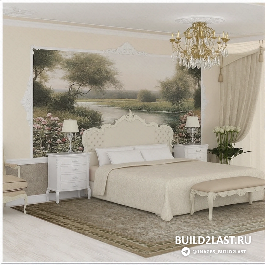 Спальня в пастельных тонах с лепниной, люстрами и многоуровневыми потолками в стиле арт-деко.