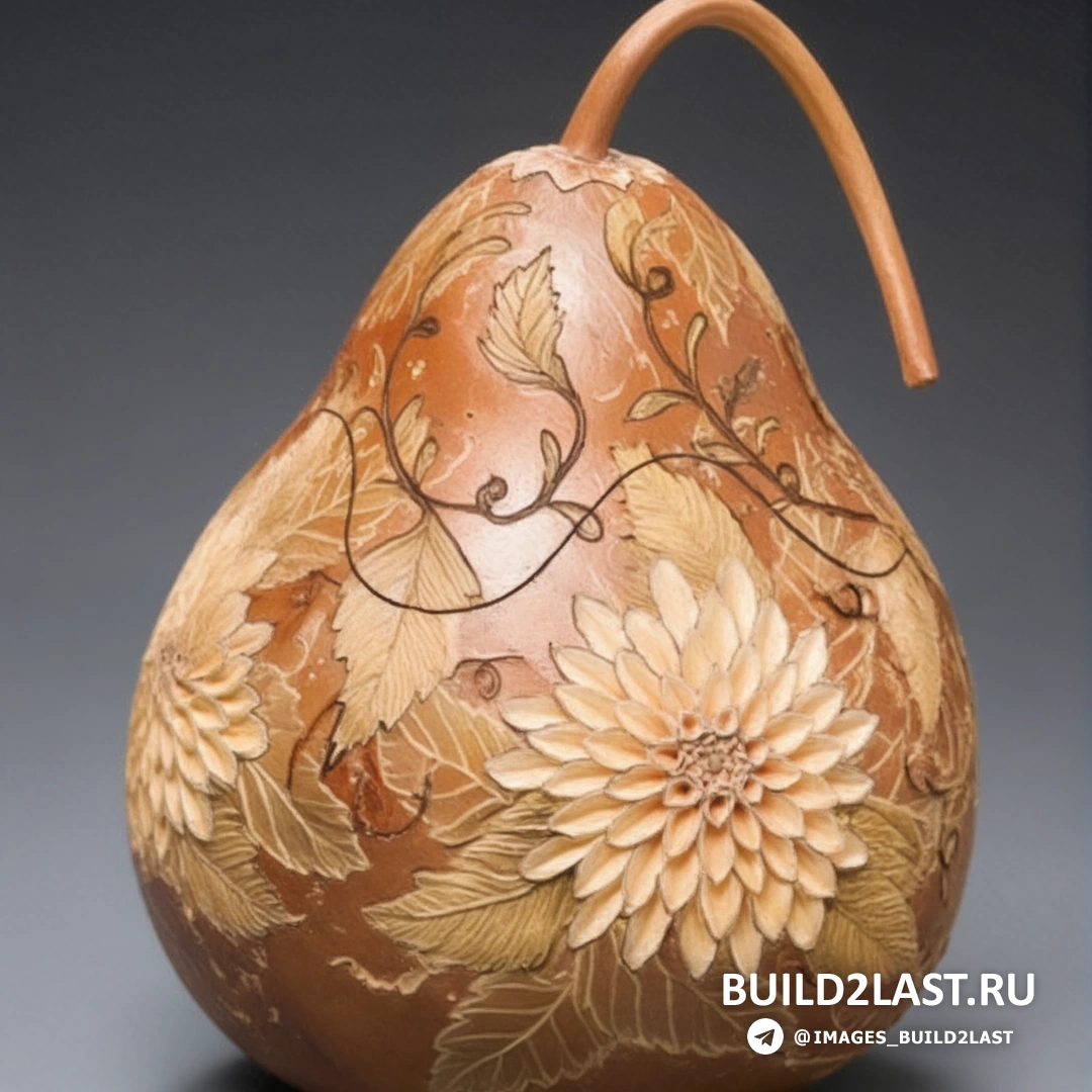 Тыква с резьбой в бежевых и зеленых пастельных тонах, выполненная вручную