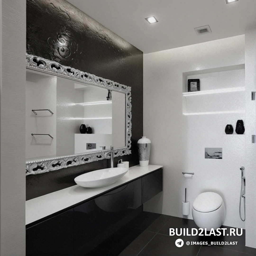 Ванная комната в белых и коричневых тонах с минималистичным дизайном, точечным освещением и зеркалами, керамическая плитка и раковина