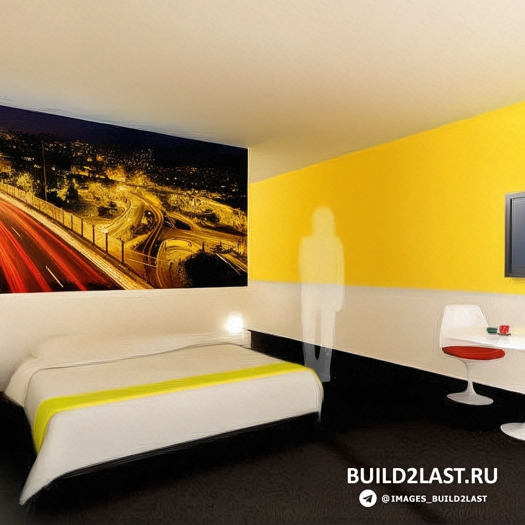 Вид на лобби отеля с разноцветными стенами и элементами декора