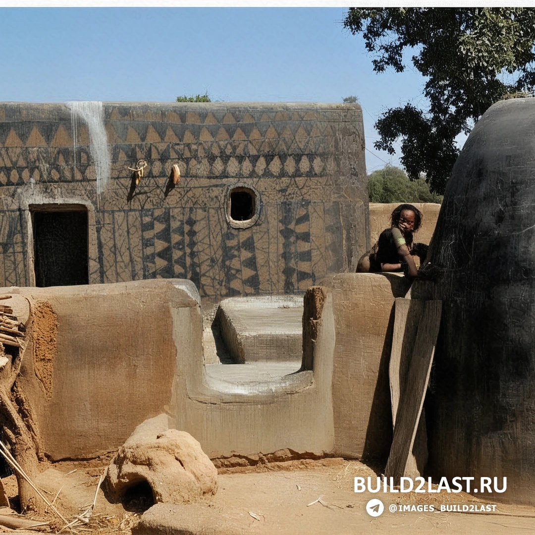 Земляной дом с глиняным фасадом и декоративной штукатуркой, черный и коричневый цвета в деревушке Tiebele.